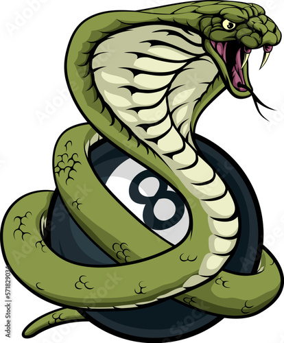 A cobra snake angry mean pool billiards mascot cartoon character holding a black 8 ball.