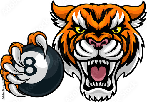 A tiger angry mean pool billiards mascot cartoon character holding a black 8 ball.