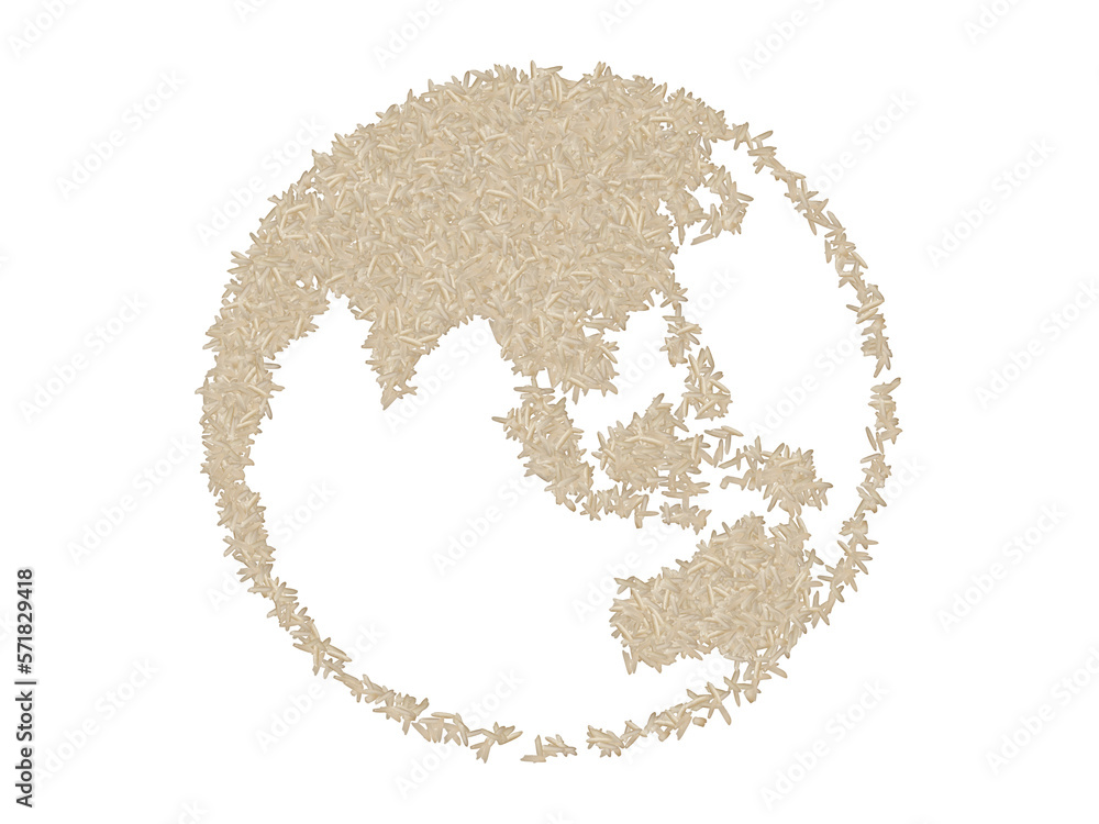 Globe map focused on Asia and the Pacific made with white rice grains on a white isolated background. Export, production, supply, agricultural or health concept. Globe map focused on Asia and the Pacific made with white rice grains on a white isolated background. Export, production, supply, agricultural or health concept.