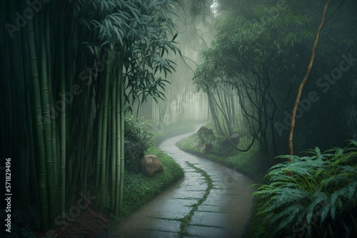 Misty Rain Bamboo Forest. Generative AI 
