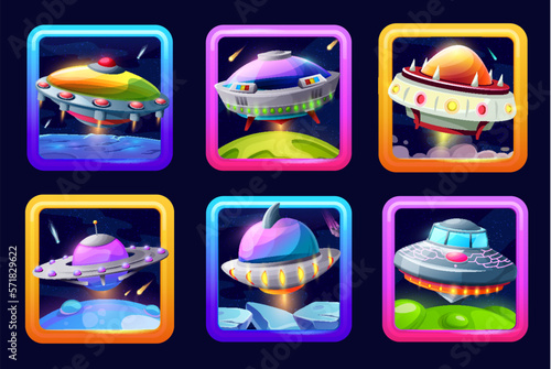 Cartoon ufo space game app icons, alien saucers