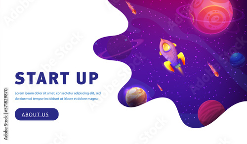 Space landing page, rocket spaceship in galaxy