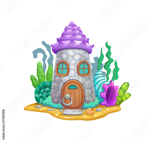 Cartoon underwater stone tower fairy house in sea