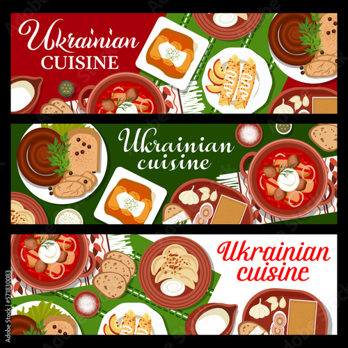 Ukrainian cuisine meals banners, traditional food