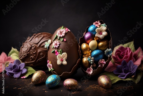 Designed luxury traditional chocolate Easter eggs on the table. 