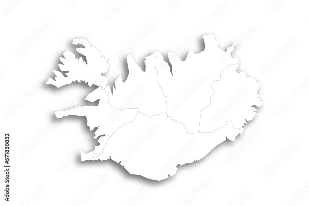 Iceland political map of administrative divisions - regions. Flat white blank map with thin black outline and dropped shadow.