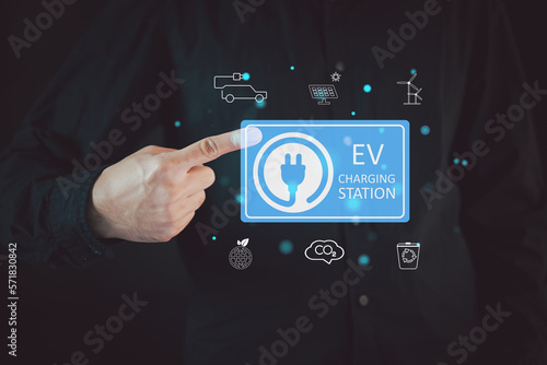 electric vehicle charging station for charging EV batteries. Plug for vehicle with electric engine. EV charging station for electric vehicles in green energy and eco