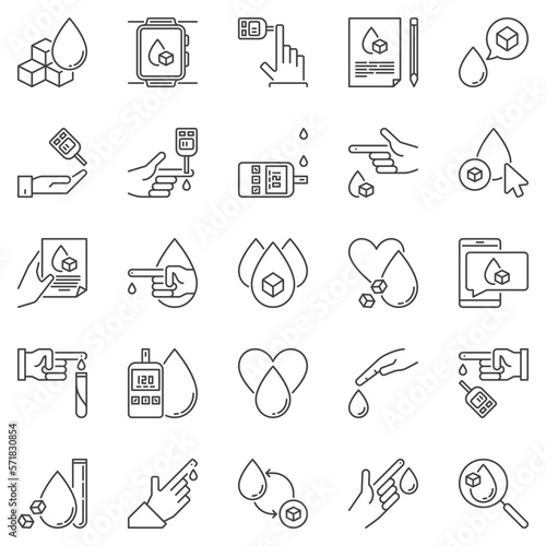 Glycemia outline icons set - Glucose or Sugar in Blood vector symbols