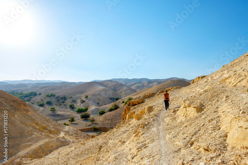 Hiker in Wadi Quelt, Prat River gorge, Jericho, West Bank, Palestine photo