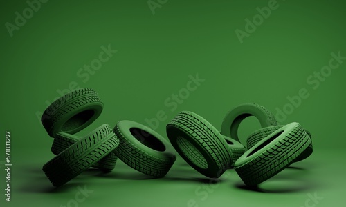 Car tires industry, used waste wheels concept, recycling. New wheels production