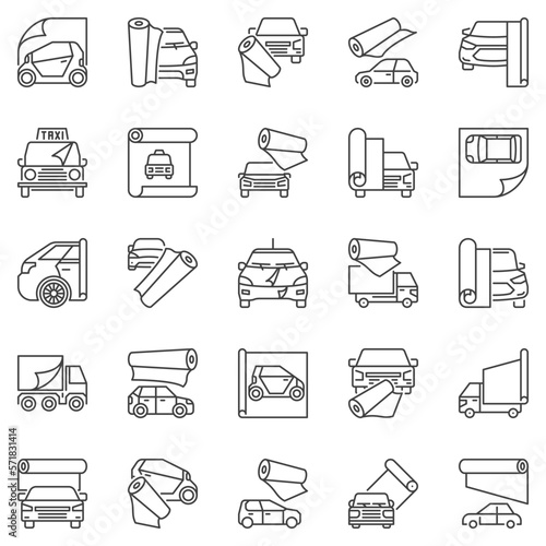 Vehicle Vinyl Wrap outline icons set - Car Wrapping vector line symbols