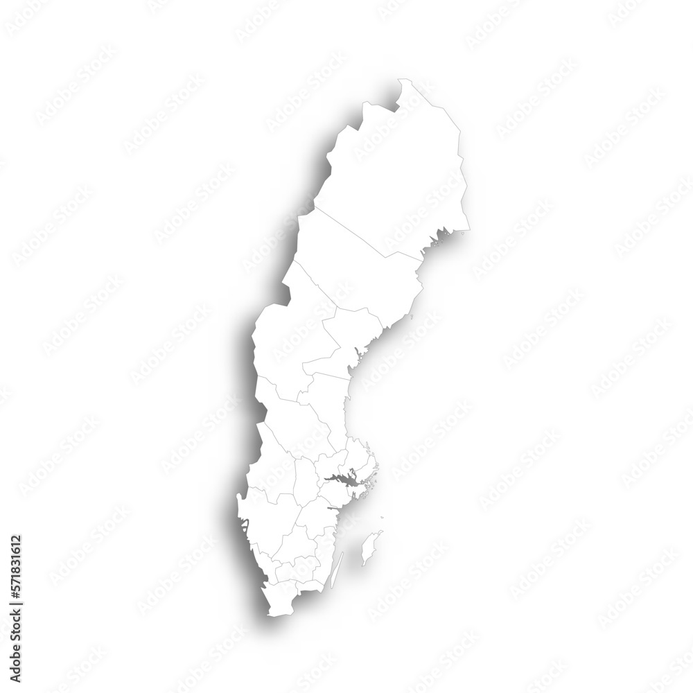 Sweden political map of administrative divisions - counties. Flat white blank map with thin black outline and dropped shadow. Sweden political map of administrative divisions - counties. Flat white blank map with thin black outline and dropped shadow.