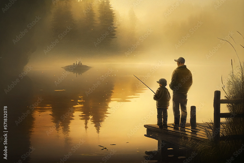 Father and son fishing together - painting created with Generative AI