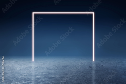 Front view on illuminated gates in form of blank partition with place for advertising poster above blue concrete floor on foggy dark background. 3D rendering  mockup