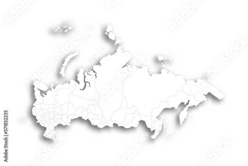 Russia political map of administrative divisions - oblasts, republics, autonomous okrugs, krais, autonomous oblast and 2 federal cities of Moscow and Saint Petersburg. Flat white blank map with thin