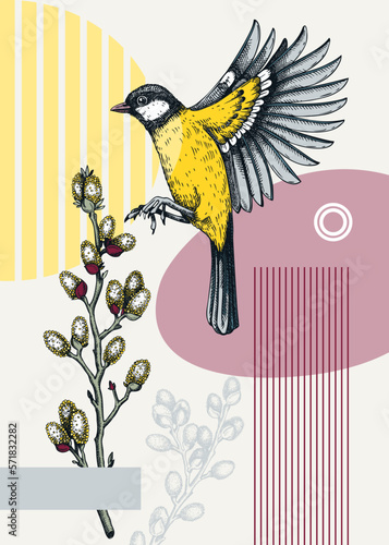 Collage style spring card or poster modern design. Flying great tit and willow branches vector sketch. Hand drawn passerine bird, floral elements and geometric shapes. Trendy wildlife illustration.