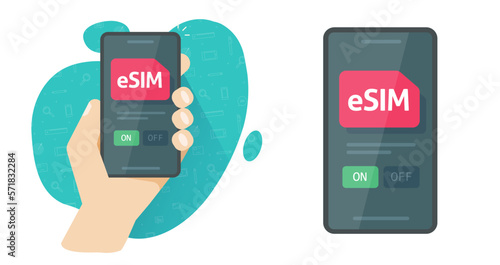 Sim card use in cell phone technology vector graphics illustration, esim digital chip tech using in mobile cellphone app, smart telephone smartphone screen embedded-sim on off button image