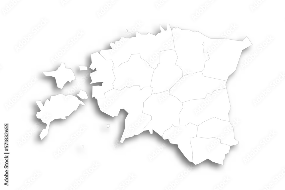 Estonia political map of administrative divisions - counties. Flat white blank map with thin black outline and dropped shadow.