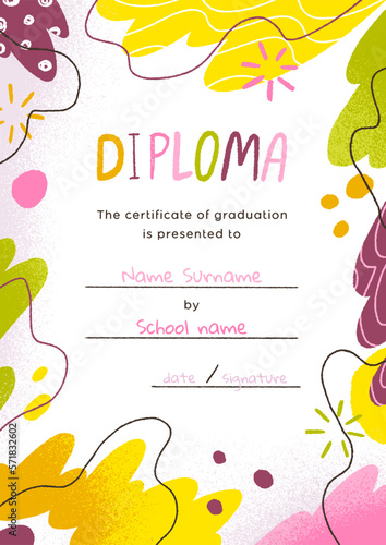 Graduation diploma template for kids school. Childs certificate design for elementary primary childish graduating. Achievement document, honor paper card. Colored flat graphic vector illustration