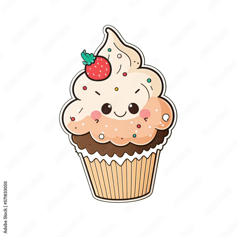 cupcake, dessin kawaii, façon sticker, trop mignon et gourmand, IA générative