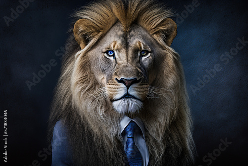 Business portrait of a lion man in a business suit on a dark background, the energy of a leader and leader, strength and confidence, the beast. Generative AI