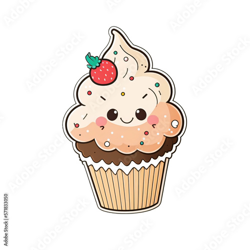 cupcake, dessin kawaii, façon sticker, trop mignon et gourmand, IA générative