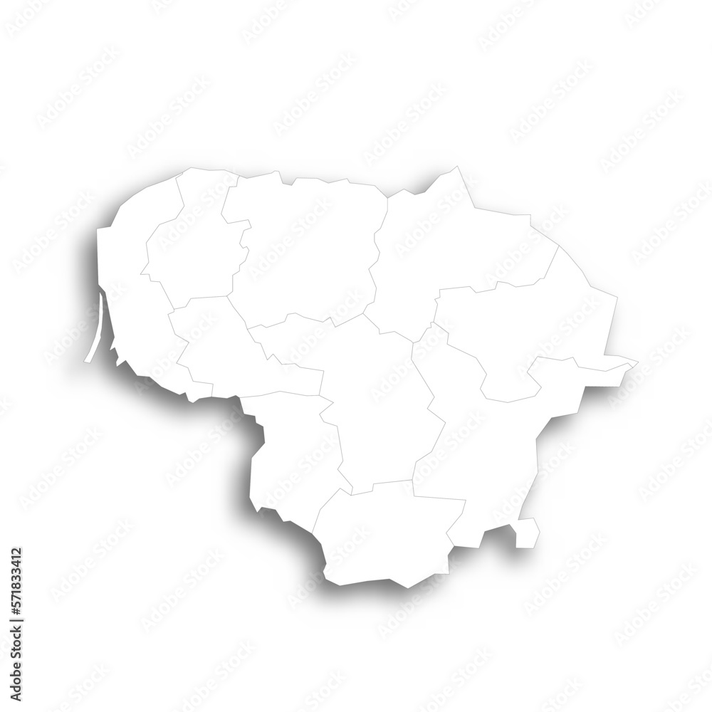 Lithuania political map of administrative divisions - counties. Flat white blank map with thin black outline and dropped shadow. Lithuania political map of administrative divisions - counties. Flat white blank map with thin black outline and dropped shadow.