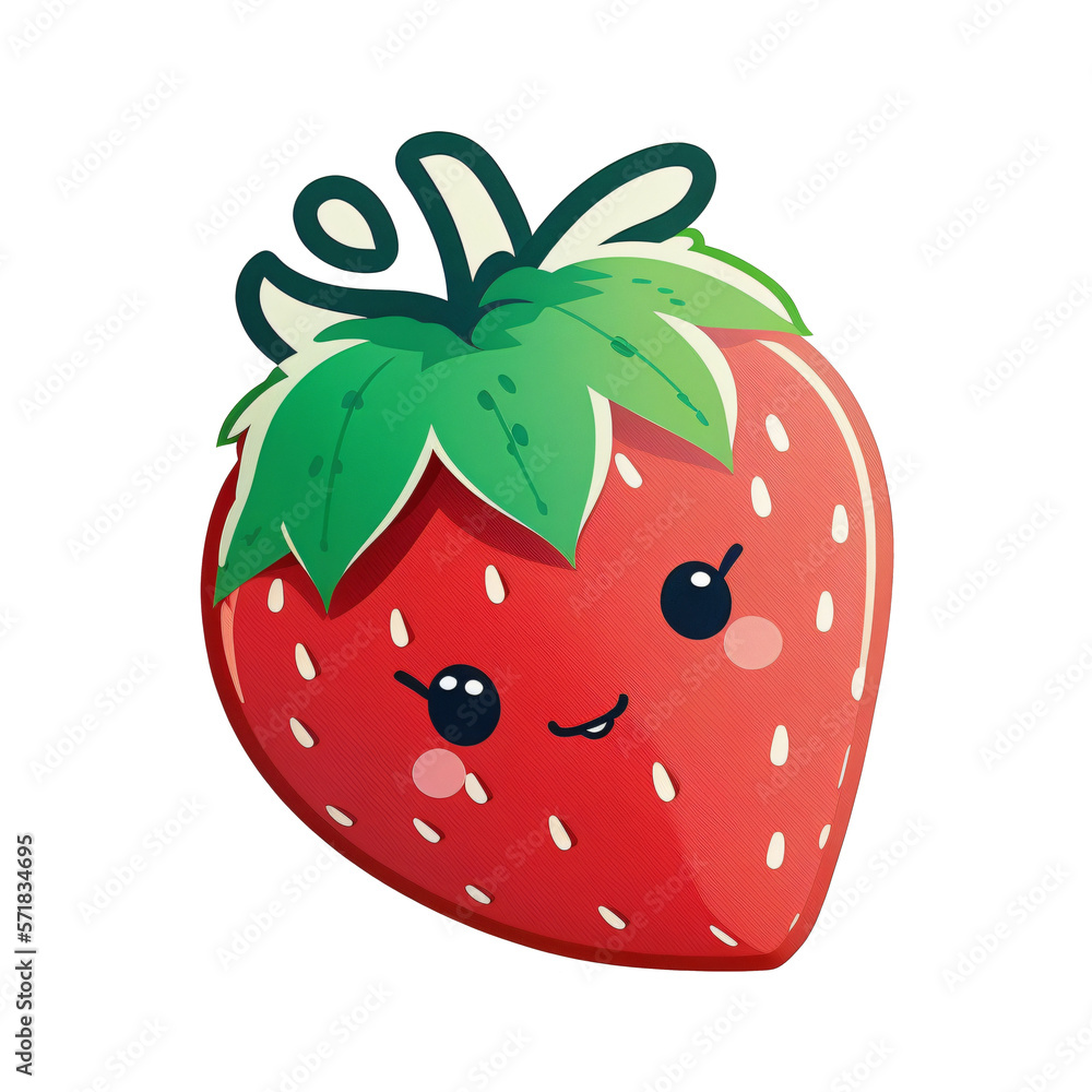 Obraz premium fraise kawaii façon sticker, logo , icone, sans fond, png, IA générative