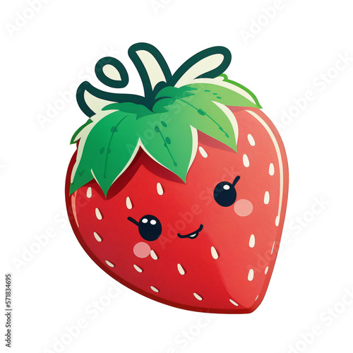 fraise kawaii façon sticker, logo , icone, sans fond, png, IA générative photo