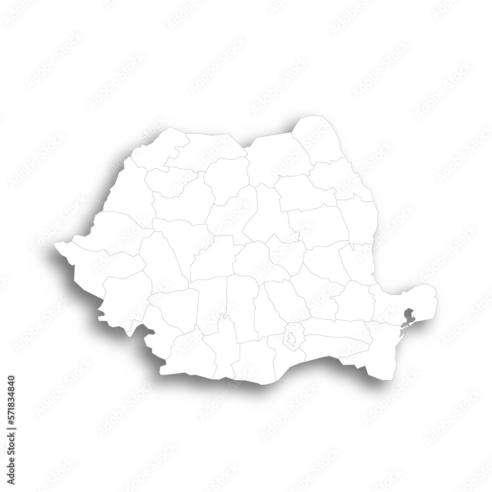 Romania political map of administrative divisions - counties and autonomous municipality of Bucharest. Flat white blank map with thin black outline and dropped shadow.