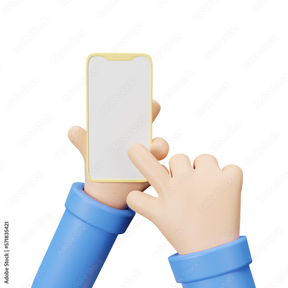 3D cartoon hand holding phone blank screen mockup template with ...