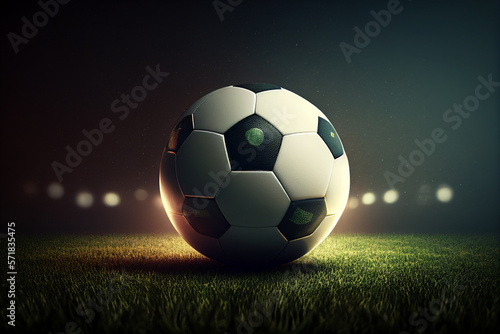 Soccer ball on the field in the spotlights. AI generated © StockMediaProduction