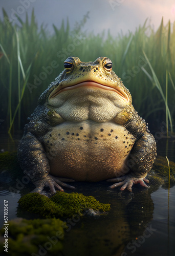 A toad with a swollen belly sits in a swamp. AI generated © StockMediaProduction