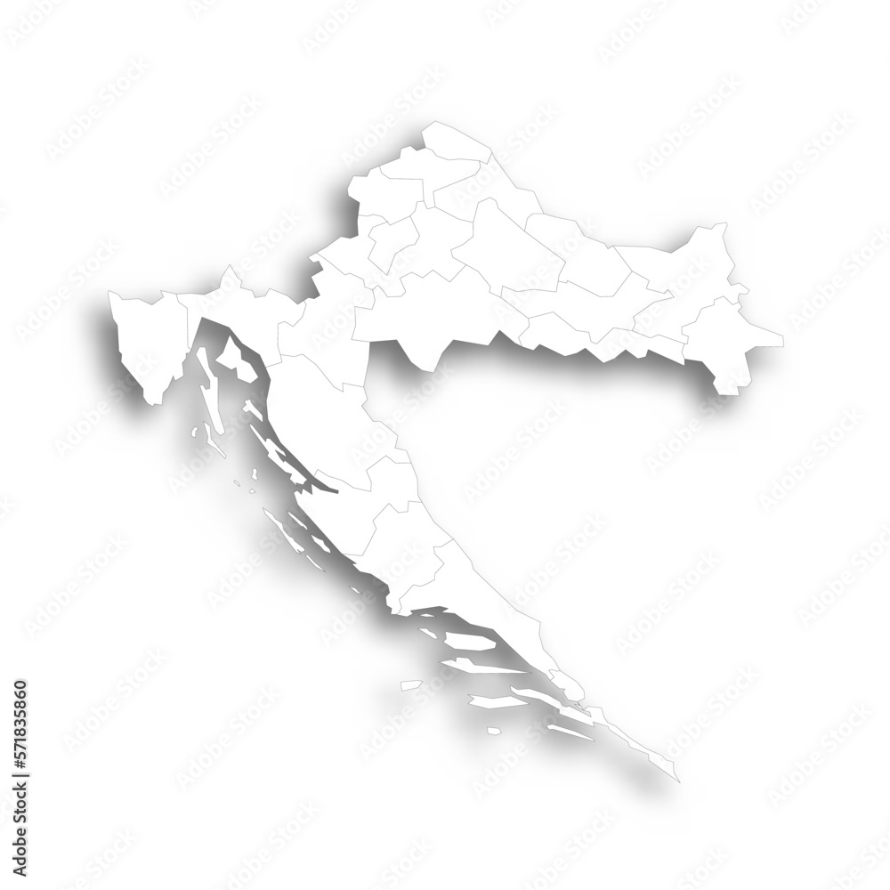 Croatia political map of administrative divisions - counties. Flat white blank map with thin black outline and dropped shadow.