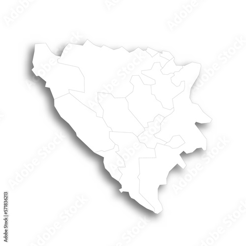 Bosnia and Herzegovina political map of administrative divisions - cantons of Federation of Bosnia and Herzegovina and Republika Srpska. Flat white blank map with thin black outline and dropped shadow