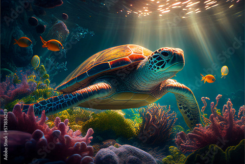 Turtle swims underwater among coral reefs. AI generated.