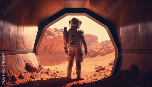 Tableau sur toile astronaut on mars looks into the distance, standing with his back to the tunnel