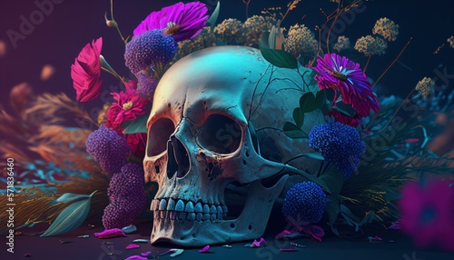 Dark fantasy, design painted human skull and a lush bunch of flowers on colorful background. Generative AI