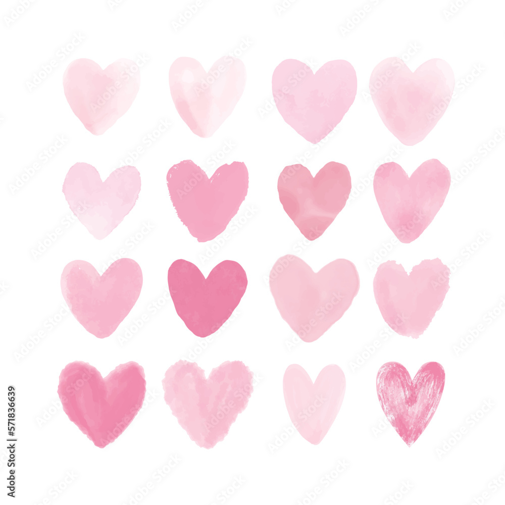 Set of watercolor pink hearts. Vector illustration.