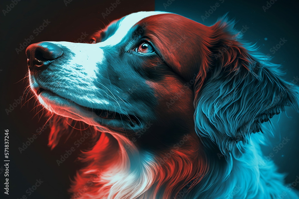 Portrait of a dog, red and blue colors, AI generated