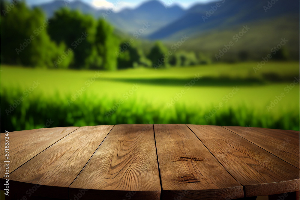 Fototapeta premium Wooden table against the background of green meadows. AI generated.