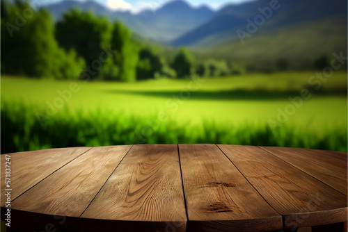 Wooden table against the background of green meadows. AI generated.