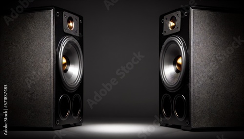 Two sound speakers with free space between them on black background. Generative AI.