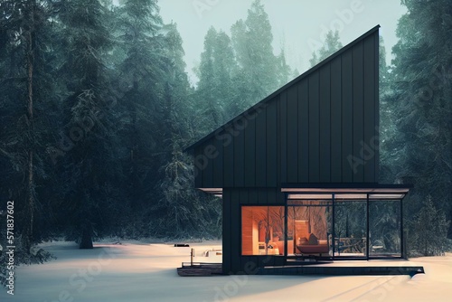 Fotografia Illustration of modern minimalistic cabin house in the forest