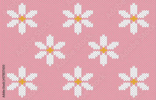 Festive Sweater Design.Knitting or Cross Stitching Knitwear Design, White flower on pink background, Pink  knitting pattern.