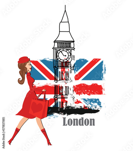 Beautiful elegant woman shopping in London - banner on isolated background