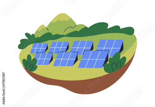 Solar panels, sustainable electric batteries, sun energy glass cells in nature. Green sustainable eco-friendly energy, alternative power concept. Flat vector illustration isolated on white background