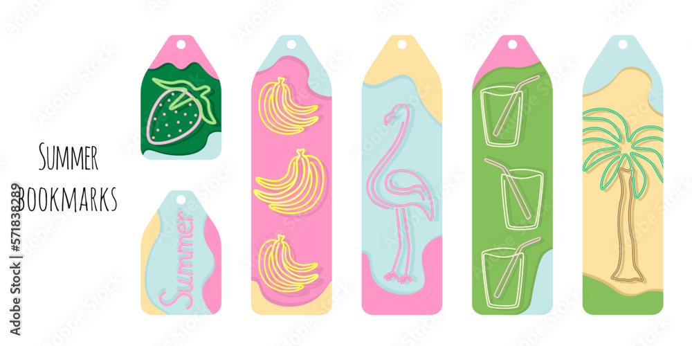 Set of 6 bookmarks with colorful spots and summer neon elements. Bookmark templates for reading. Minimalistic design. Bright and positive colors. Isolated on white background. Set of 6 bookmarks with colorful spots and summer neon elements. Bookmark templates for reading. Minimalistic design. Bright and positive colors. Isolated on white background.