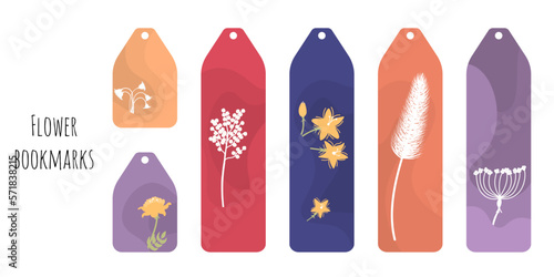 Set of 6 colorful bookmarks with decorative hand draw flowers and plants. Flat style botanical illustration. Minimalistic bookmark templates for reading. Isolated on white background.