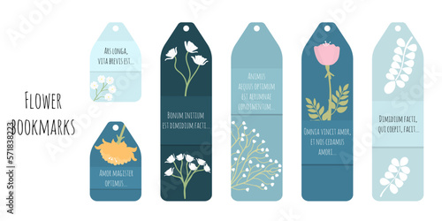 Set of 6 bookmarks in blue colors, decorative plants and latin quotes. Botanical illustration. Minimalistic bookmark templates for reading. Isolated on white background.